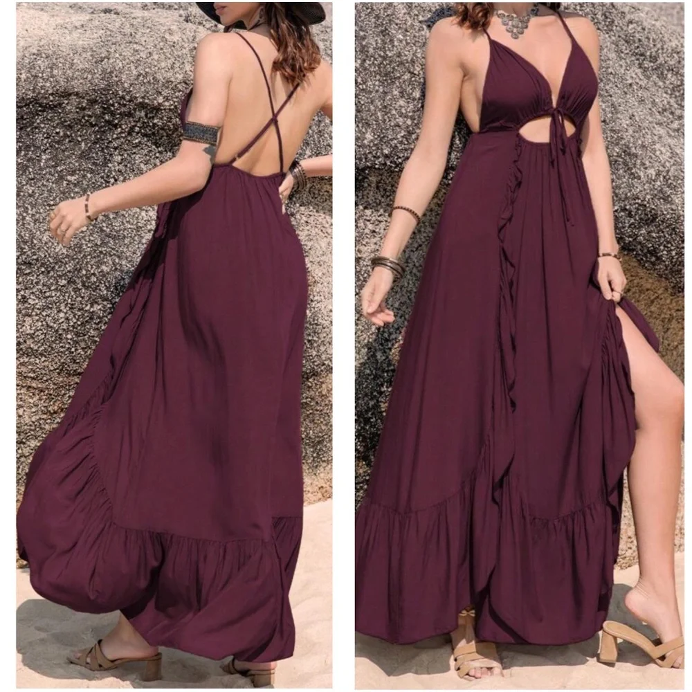 Ruffle Hem Criss Cross Backless Cami Maxi Dress - Picture 3 of 6